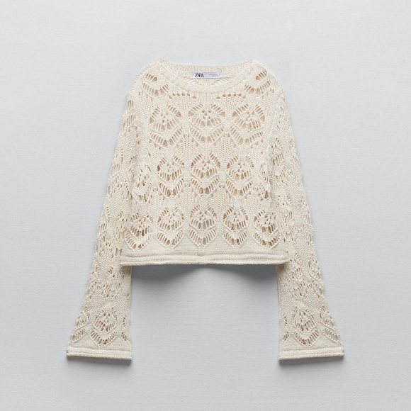 Zara Sweaters - Zara sweater collar open work crochet wide sleeve cream cardigan
